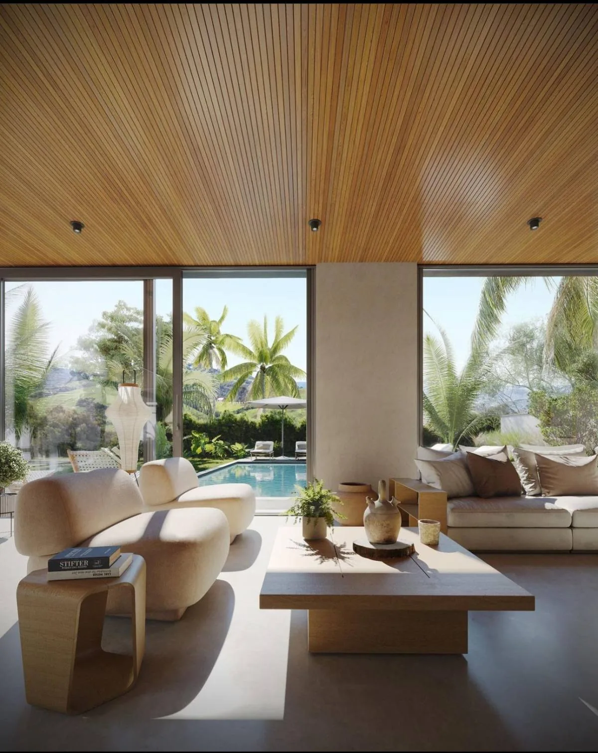 Sala de estar aberta para a piscina — projeto de interiores Ambienta